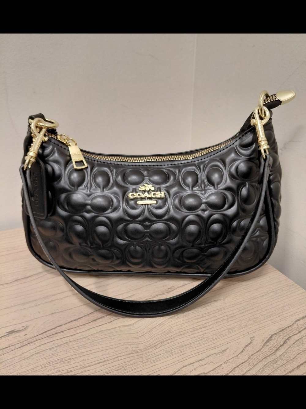 Coach Black Embossed Signature Shoulder Bag with Gold Hardware